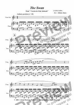 page one of Swan from Carnivale of the Animals The  (Tenor Sax and Piano)