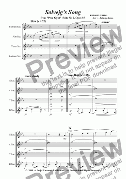 page one of Solvejg's Song   (Saxophone Quartet)