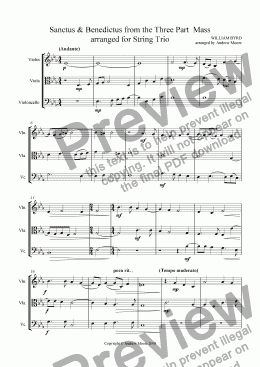 page one of Sanctus & Benedictus from the Three  Part Mass arranged for String Trio