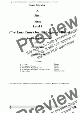 page one of 1st Flute Five Easy Tunes for the beginner flutist accompaniments
