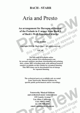 page one of BACH - STARR; Aria and Presto, for Baroque orchestra (an arrangement of the E minor Prelude from Book 1 of the WTC)