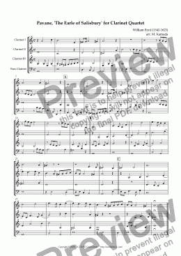 page one of Pavane, ’The Earle of Salisbury’ for Clarinet Quartet