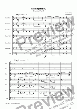 page one of Grieg: Hyldingsmarsj/Triumphal March (6 Horns and Tuba)