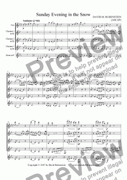 page one of Sunday Evening in the Snow (for flute, 3 clarinets and horn)