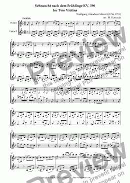 page one of "Sehnsucht nach dem Frühling" KV.596 for Two Violins