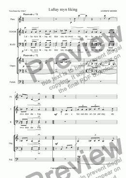 page one of ’Lullay myn lyking’ for TBB, Flute & Organ