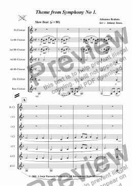 page one of Theme from Brahms Symphony No 1    (Clarinet Choir)
