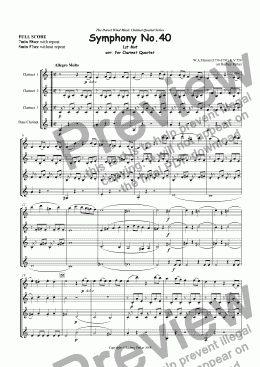 page one of 1st Mvt Symphony No.40 W.A.Mozart arr. for Clarinet Quartet