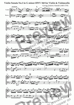page one of Violin Sonata No.2 in G minor HWV 368 for Violin & Violoncello