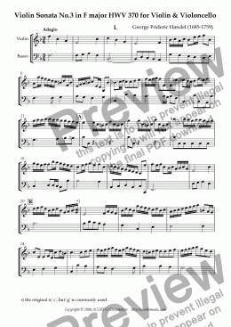 page one of Violin Sonata No.3 in F major HWV 370 for Violin & Violoncello