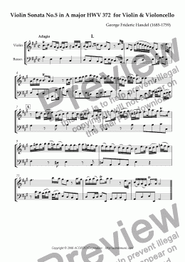 page one of Violin Sonata No.5 in A major HWV 372 for Violin & Violoncello