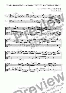 page one of Violin Sonata No.5 in A major HWV 372 for Violin & Viola