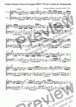page one of Violin Sonata No.6 in E major HWV 373 for Violin & Violoncello