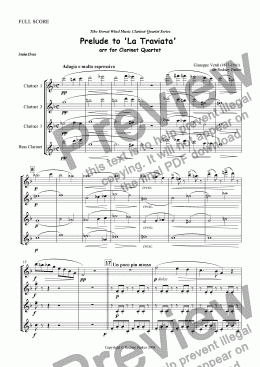 page one of Prelude to 'La Traviata' arr for Clarinet Quartet