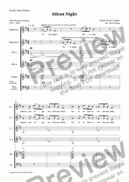 page one of Gruber: Silent Night (SSAA Choir, Soprano duet, Guitar(s) and Bass ad lib.)