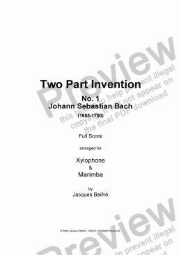 page one of Bach Two Part Invention No.1 for Xylophone & Marimba