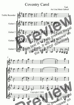 page one of Coventry Carol - Guitar Quartet with optional Treble Recorder
