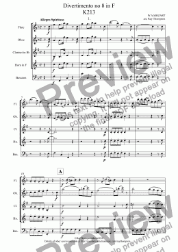 page one of MOZART: Divertimento no 8 (K213) (complete) - wind quintet
