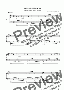 page one of "O mio babbino caro" (O My Beloved Father) - Puccini - Sheet Music - Easy piano arr.