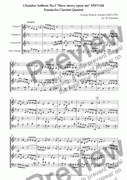 page one of Chandos Anthem No.3 "Have mercy upon me" HWV248 Sonata for Clarinet Quartet