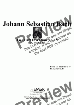 page one of J. S. Bach Two Part Invention No. 15 for 2 Marimbas