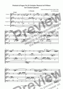 page one of Prelude & Fugue No.18 (Ariadne Musica) in B minor for Clarinet Quartet