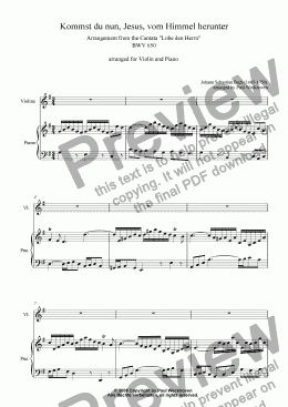 page one of Kommst Du nun, Jesus, vom Himmel (Bach) violin & piano