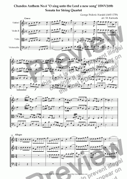 page one of Chandos Anthem No.4 "O sing unto the Lord a new song" HWV249b Sonata for String Quartet