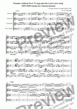 page one of Chandos Anthem No.4 "O sing unto the Lord a new song" HWV249b Sonata for Clarinet Quartet