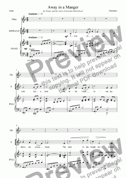 page one of Away in a Manger (SATB + Piano + Oboe)