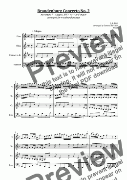 page one of Brandenburg Concerto No. 2  (I. Allegro) - BWV 1047 in F major (for woodwind quartet)