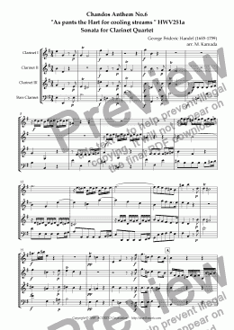 page one of Chandos Anthem No.6  "As pants the Hart for cooling streams" HWV251a Sonata for Clarinet Quartet