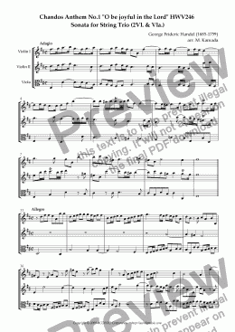 page one of Chandos Anthem No.1 "O be joyful in the Lord" HWV246 Sonata for two Violins & Viola