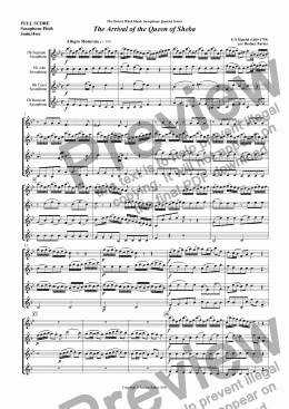 page one of The Arrival of The Queen of Sheba arr. for Saxophone Quartet