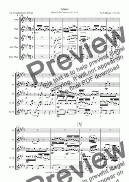 page one of Mozart, ’Flute Concerto’ in A (after Violin Concerto no 5, K. 219), for flute choir (3 fl, afl bassfl), movt 2, Adagio.