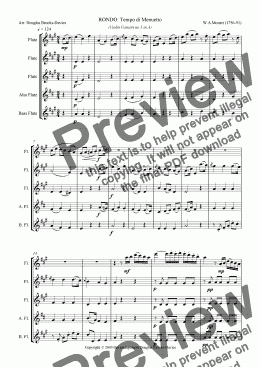 page one of Mozart, ’Flute Concerto’ in A (after Violin Concerto no 5, K. 219) for flute choir (3fl, afl, bassfl), movt 3, Rondo.  