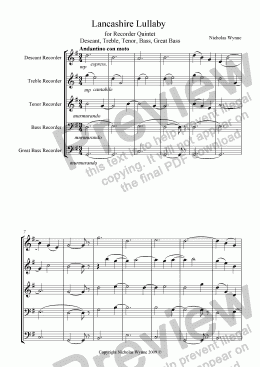 page one of Lancashire Lullaby for Recorder Quintet