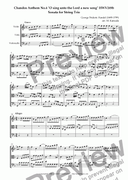 page one of Chandos Anthem No.4 "O sing unto the Lord a new song" HWV249b Sonata for String Trio
