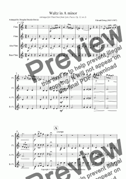 page one of Grieg: Waltz in A minor (Op. 12) for Flute Choir (2fl, afl, bfl)