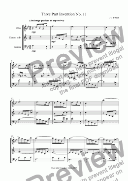 page one of Three Part Invention No 11 in G Minor arranged for Wind Trio