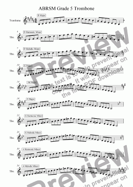 page one of Trombone Grade 5 Scales and Arpeggios (Treble Clef) ABRSM format