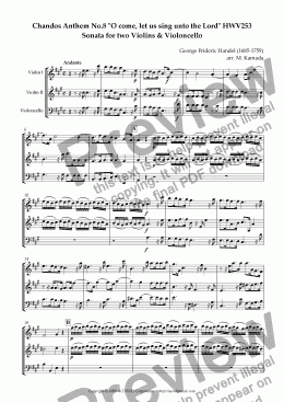 page one of Chandos Anthem No.8 "O come, let us sing unto the Lord" HWV253 Sonata for two Violins & Violoncello