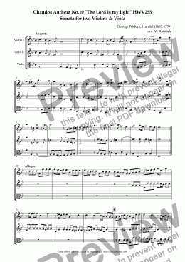 page one of Chandos Anthem No.10 "The Lord is my light" HWV255 Sonata for two Violins & Viola