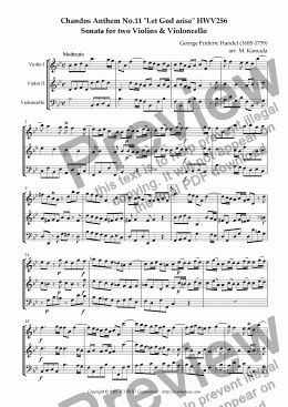 page one of Chandos Anthem No.11 "Let God arise" HWV256 Sonata for two Violins & Violoncello