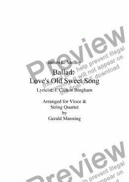 page one of MOLLOY, J.L; Victorian Ballad: Love's Old Sweet Song arr. for Voice & String Quartet by Gerald Manning
