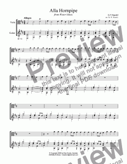 page one of Alla Hornpipe from Water Music for viola and guitar