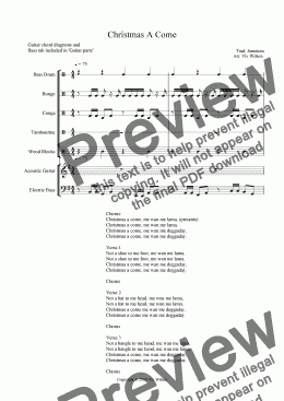 page one of CHRISTMAS A COME for Recorder Ensemble (Trad. Jamaican) optional perc., ukulele, guitar and bass. 