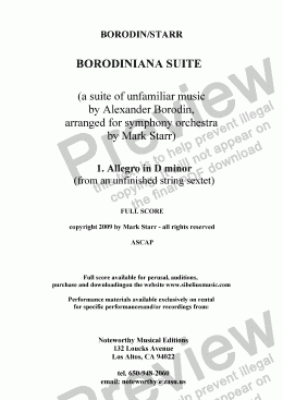 page one of BORODIN - STARR; BORODINIANA, suite for orchestra: 1 (of 6). Allegro in D minor