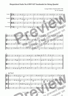 page one of Sarabande from Harpsichord Suite No.4 HWV437 for String Quartet