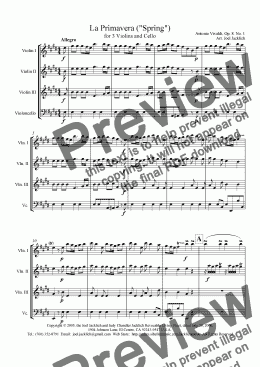 page one of La Primavera ("Spring") for 3 violins and cello, Mvt I
